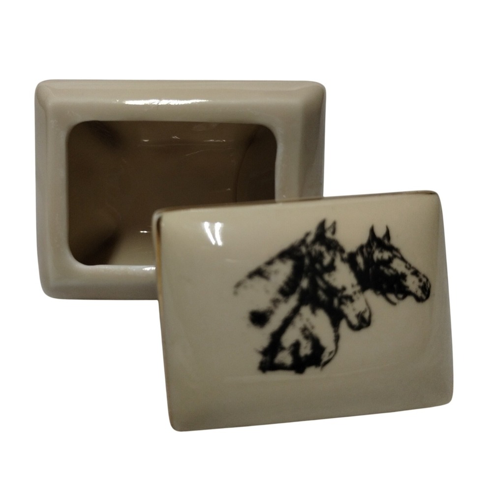 Small World Greetings Japan Vintage Ceramic Horse Trinket Box Cream Gold Rim